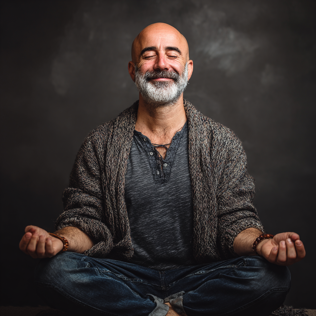 Спокойна българска жена в средна възраст седи в медитативна поза на йога с усмивка и затворени очи, излъчвайки мир и хармония